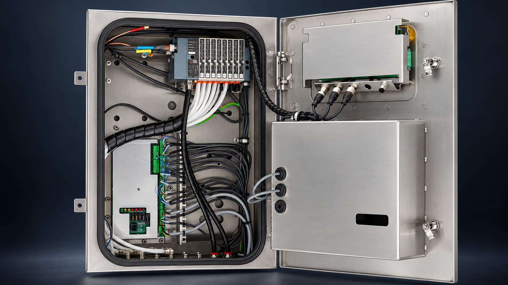 Open stainless steel enclosure wired with a row of DIN-rail I/O modules, white and black cables in spiral wrap, terminal blocks and a circuit board, with an electronics module, circular connectors and a smaller stainless enclosure fitted to the inside of the door