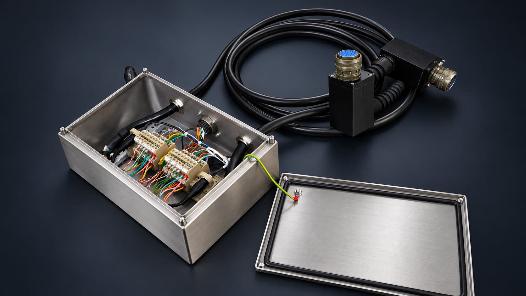 Open stainless steel enclosure wired with terminal blocks and colour-coded cores, its gasketed lid beside it with an earth lead attached, and a black cable harness with circular connectors coiled behind