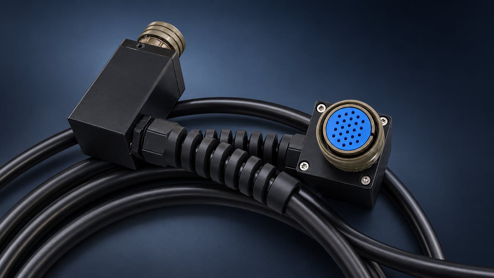 Black cable assembly coiled on a slate-blue background: a right-angle housing with a brass circular connector at one end, ribbed strain-relief boots, and a square-flanged circular connector with a blue multi-pin insert at the other