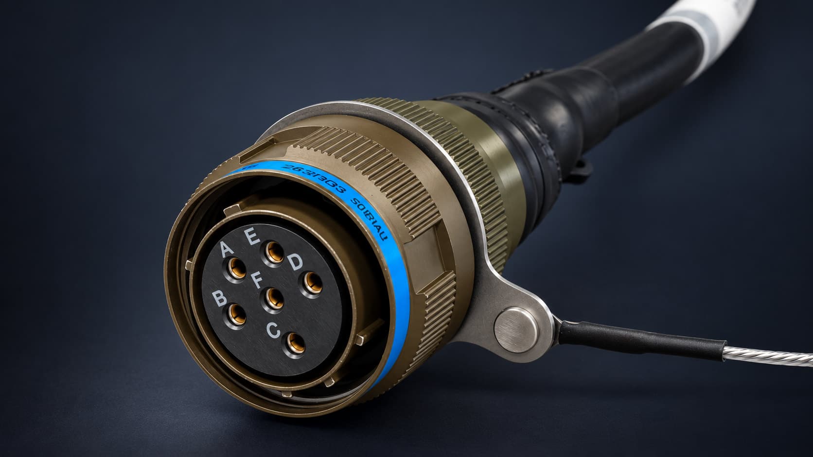Close-up of an olive-drab circular connector with a blue identification band and socket contacts lettered A to F, a lanyard tab for its dust cap and a black moulded boot on the cable behind