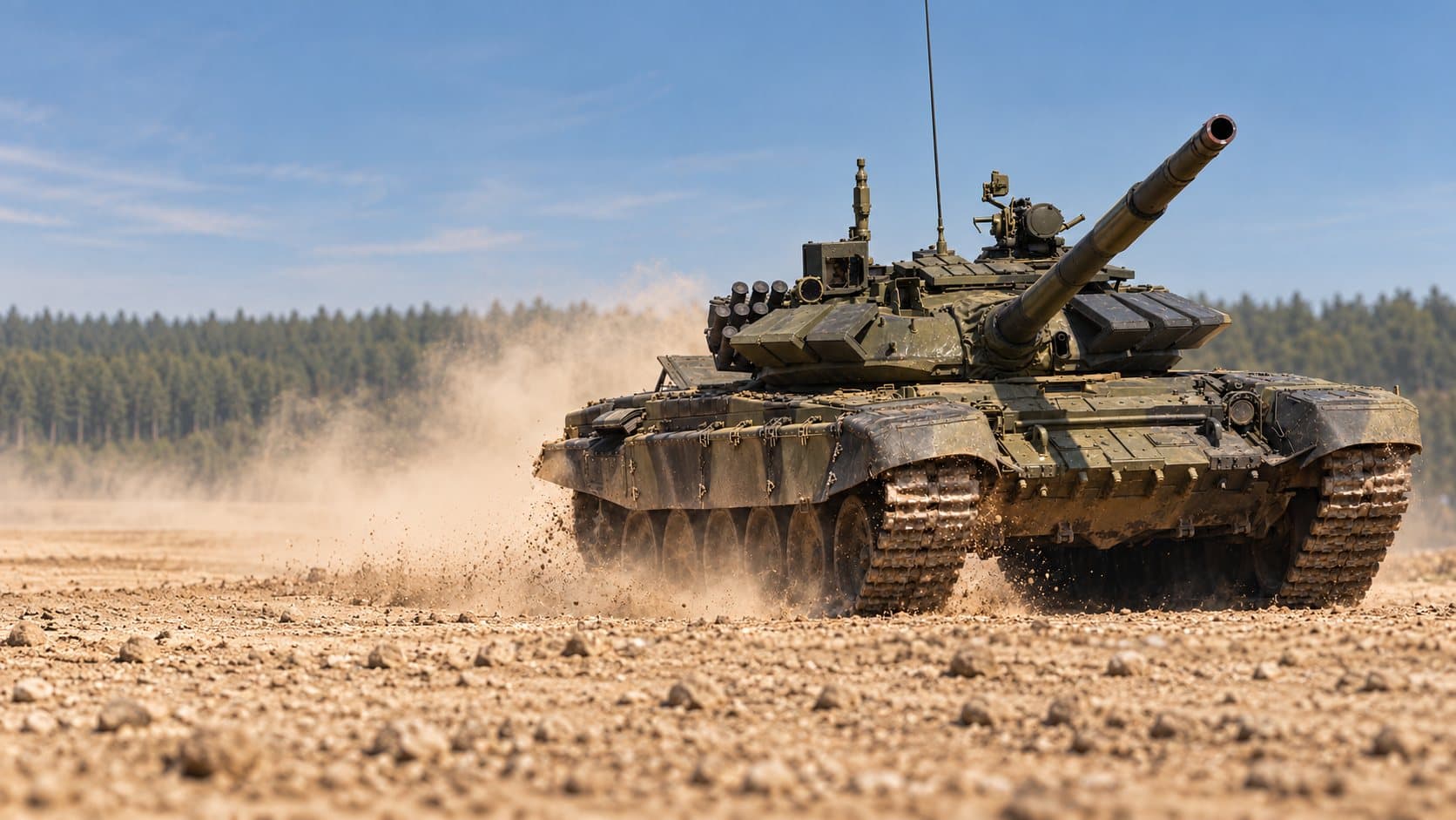Tracked armoured vehicle in olive camouflage driving across a dusty training ground, throwing up dirt and dust, with pine forest and blue sky behind